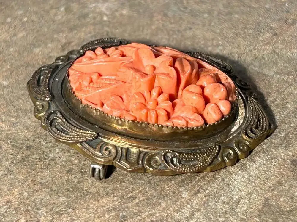 Vintage carved red coral ornate floral brass bronze brooch